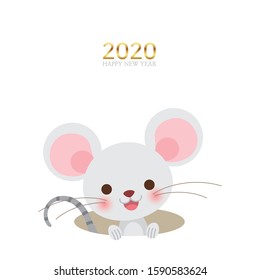 Cute mouse in hole on white background. Happy New Year 2020.