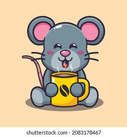 Cute mouse with hot coffee. Cute cartoon animal illustration.