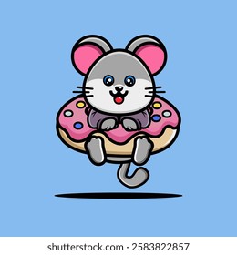 Cute mouse hug big doughnut cartoon