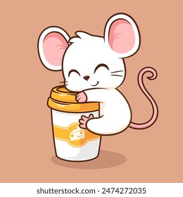 Cute Mouse Hug Coffee Cup Cartoon Vector Icon Illustration. Animal Drink Icon Concept Isolated Premium Vector. Flat Cartoon Style