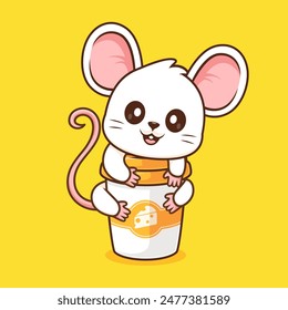 Cute Mouse Hug Coffee Cup Cartoon Vector Icon Illustration. Animal Drink Icon Concept Isolated Premium Vector. Flat Cartoon Style