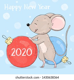 Cute mouse with a huge Christmas ball. Colorful vector illustration. Hand-drawn. Greeting card for New year 2020 and Christmas.