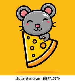 cute mouse hugging cheese happily