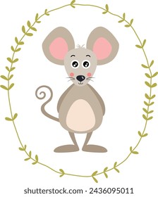 Cute mouse inside an oval leaves border
