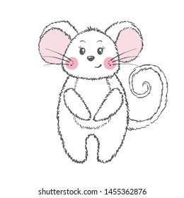 Cute mouse isolated on white background. Design element for prints, t-shirt, nursery, kids posters. Vector illustration.