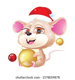 Cute mouse kawaii cartoon vector character. Symbol of 2020. Adorable and funny animal in Santa Claus hat with Christmas decorations isolated sticker, patch. Anime baby rat emoji on white background