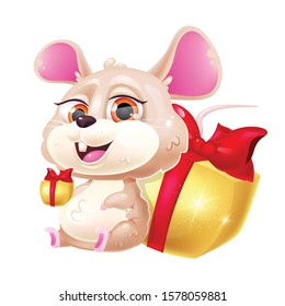 Cute mouse kawaii cartoon vector character. Chinese New Year zodiac symbol of 2020. Adorable and funny animal sitting with gift boxes isolated sticker, patch. Anime baby rat emoji on white background