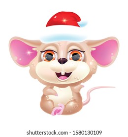 Cute mouse kawaii cartoon vector character. Chinese New Year symbol of 2020. Adorable and funny sitting animal in Santa Claus hat isolated sticker, patch. Anime baby rat emoji on white background