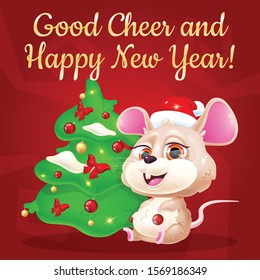 Cute mouse kawaii character social media post mockup. Good Cheer and Happy New Year lettering. Positive poster, greeting card template with animal of 2020, Christmas tree. Print, postcard illustration
