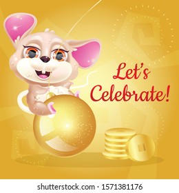 Cute mouse kawaii character social media post mockup. Lets celebrate lettering. Positive poster, greeting card template with happy animal chinese zodiac symbol of 2020. Print, postcard illustration