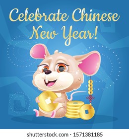 Cute mouse kawaii character social media post mockup. Celebrate Chinese New Year lettering. Positive poster, greeting card template with sitting animal with golden coins. Print, postcard illustration