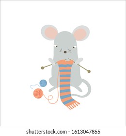 Cute mouse knitting a scarf. Funny cartoon rat enjoying cozy leisure activity at home. Humanized symbol of 2020 Chinese animal zodiac. Vector isolated  illustration