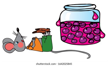 Cute mouse is laying beside a big jar of jam. Colored vector for card or gift. 