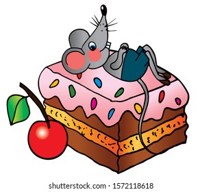 Cute mouse is laying on a big cake. Colored vector for card or gift. 