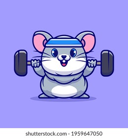 Cute Mouse Lifting Barbell Cartoon Vector Icon Illustration. Animal Sport Icon Concept Isolated Premium Vector. Flat Cartoon Style