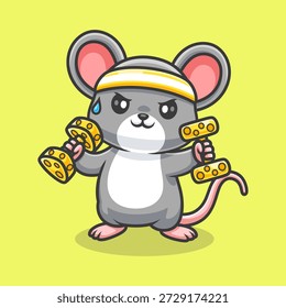 Cute Mouse Levantando Dumbbell Queijo Desenho Animado Ícone Ilustração. Animal Sport Icon Concept Isolado Premium Vetor. Estilo de Desenho Animado Plano