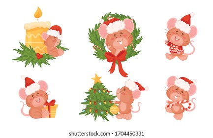 Cute Mouse with Long Tail and Protruding Ears Decorating Christmas Tree and Holding Candy Stick Vector Set