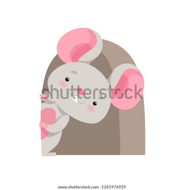 Cute mouse\
looking out of the hole, funny animal cartoon character vector\
Illustration on a white\
background