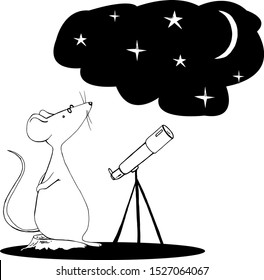 Cute mouse looks at the starry sky through telescope for coloring book cartoon hand drawn vector illustration. 