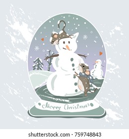 Cute mouse make a snowman. Merry Christmas greetings card