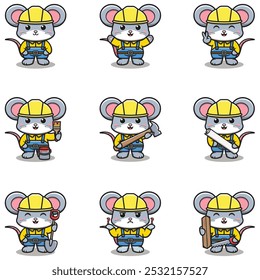 Linda mascota del ratón trabaja en la construcción. Dibujos animados del constructor del ratón lindo. Constructores de animales.