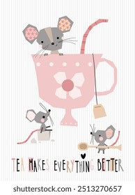 Cute mouse mice tea cup mug family with sugar cube afternoon hand drawn postcard childish cartoon nursery print illustration