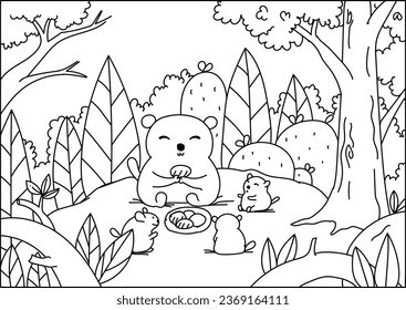 Cute mouse mom and child vector illustration. Coloring page of mouse family in jungle. Black and white vector illustration for coloring book