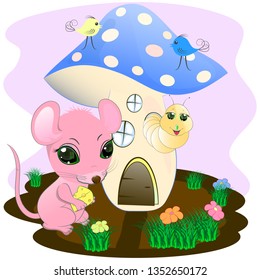 cute mouse and mushroom. cartoon vector illustration. cute rat and worm cartoon vector illustration.
