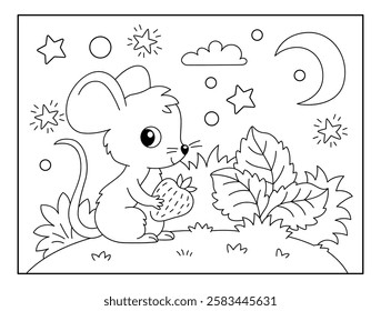 Cute Mouse with Natural scenery view background coloring page for kids. Funny animal outline vector illustration.