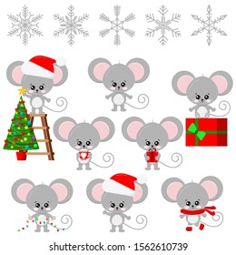 Cute mouse New Year symbol, sweet and funny cartoon little baby child character: rat in red santa christmas hat, with gift. garland isolated on white background. Flat design vector illustration. 