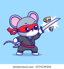 Cute Mouse Ninja Slash Cheese With Katana Sword Cartoon 
Vector Icon Illustration. Animal Holiday Icon Concept Isolated 
Premium Vector. Flat Cartoon Style 