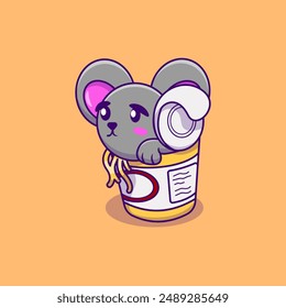 Cute Mouse In Noodle Cup Cartoon Vector Icon Illustration. Animal Food Activities. Flat Cartoon Character. Suitable for any creative project.