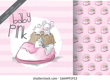 Cute mouse on baby shoes illustration with seamless pattern