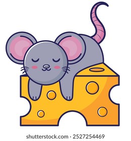 cute mouse on big cheese isolated