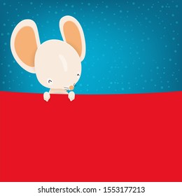 Cute mouse on blue snowing background and red foreground for Christmas and New Year background, Flat paper cut style illustration vector