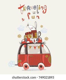 cute mouse on a bus. vector hand drawn illustration.Can be used for kids or babies shirt design, fashion print design, t-shirt, kids wear,textile design