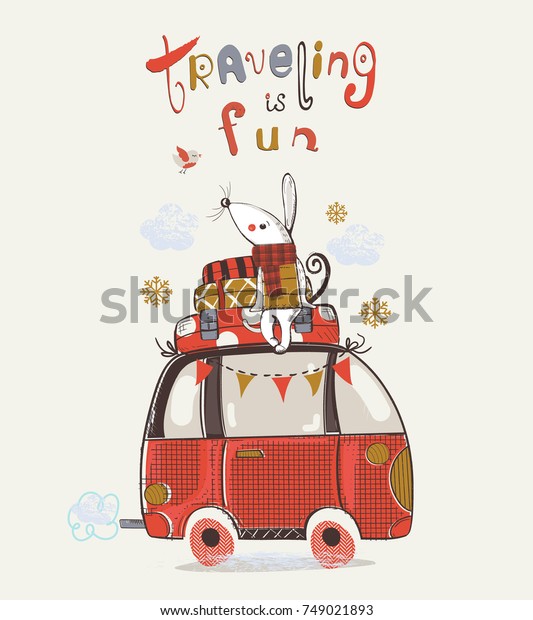 cute mouse on a bus. vector hand\
drawn illustration.Can be used for kids or babies shirt design,\
fashion print design, t-shirt, kids wear,textile\
design