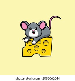 Cute Mouse On Cheese Cartoon Vector Icon Illustration. Animal Food Icon Concept Isolated Premium Vector. Flat Cartoon Style