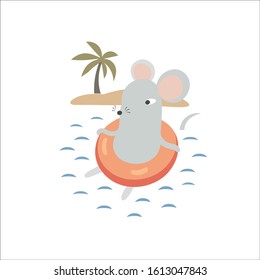 Cute mouse on a inflatable circle at a tropical holiday resort. Funny rat relaxing on a swim ring on summer vacation.  Humanized symbol of 2020 Chinese animal zodiac. Vector isolated  illustration