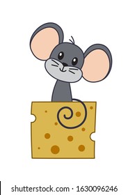 Cute mouse on the piece of cheese isolated on white background. Stock vector illustration