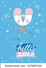 Cute mouse on skates. Hello 2020. Ney Year greeting card. Holiday cartoon vector illustration. Chinese symbol 2020. 