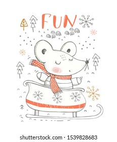Cute mouse on sleigh.Hand drawn vector illustration. Can be used for t-shirt print, kids wear fashion design, baby shower invitation card.