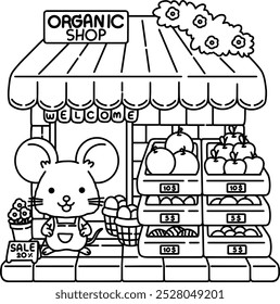 Un ratón lindo abre una tienda orgánica, página para colorear para los niños, dibujado a mano, libro para colorear, página para colorear, Vector, doodle, ilustración, esquema, líneas, dibujos animados, dibujo, lindo