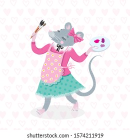 Cute mouse paints and holds brushes. Vector art.