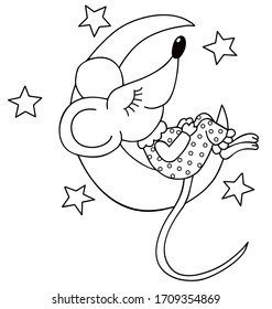 Cute mouse in pajama is sleeping on the Moon, surounded by stars. Black and white vector for coloring, for card or gift. 