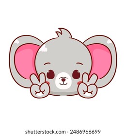 Cute mouse peace hand sign cartoon character. Adorable kawaii animal mascot vector illustration concept design. Isolated white background.