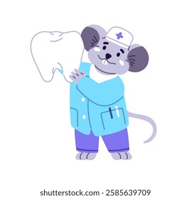 Cute mouse pediatric dentist holds tooth. Happy animal doctor cares about dental health, oral hygiene. Pediatrician, medic of kids' stomatology. Flat isolated vector illustration on white background.