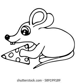 Cute mouse with piece of cheese isolated on the white background. For coloring book and other child design.
