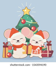 The cute mouse with a pile of gift box with christmas tree in flat vector style. Illustration about winter and christmas theme.