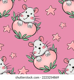 Cute mouse pink seamless pattern with hearts and stars. Vector hand drawn illustration.